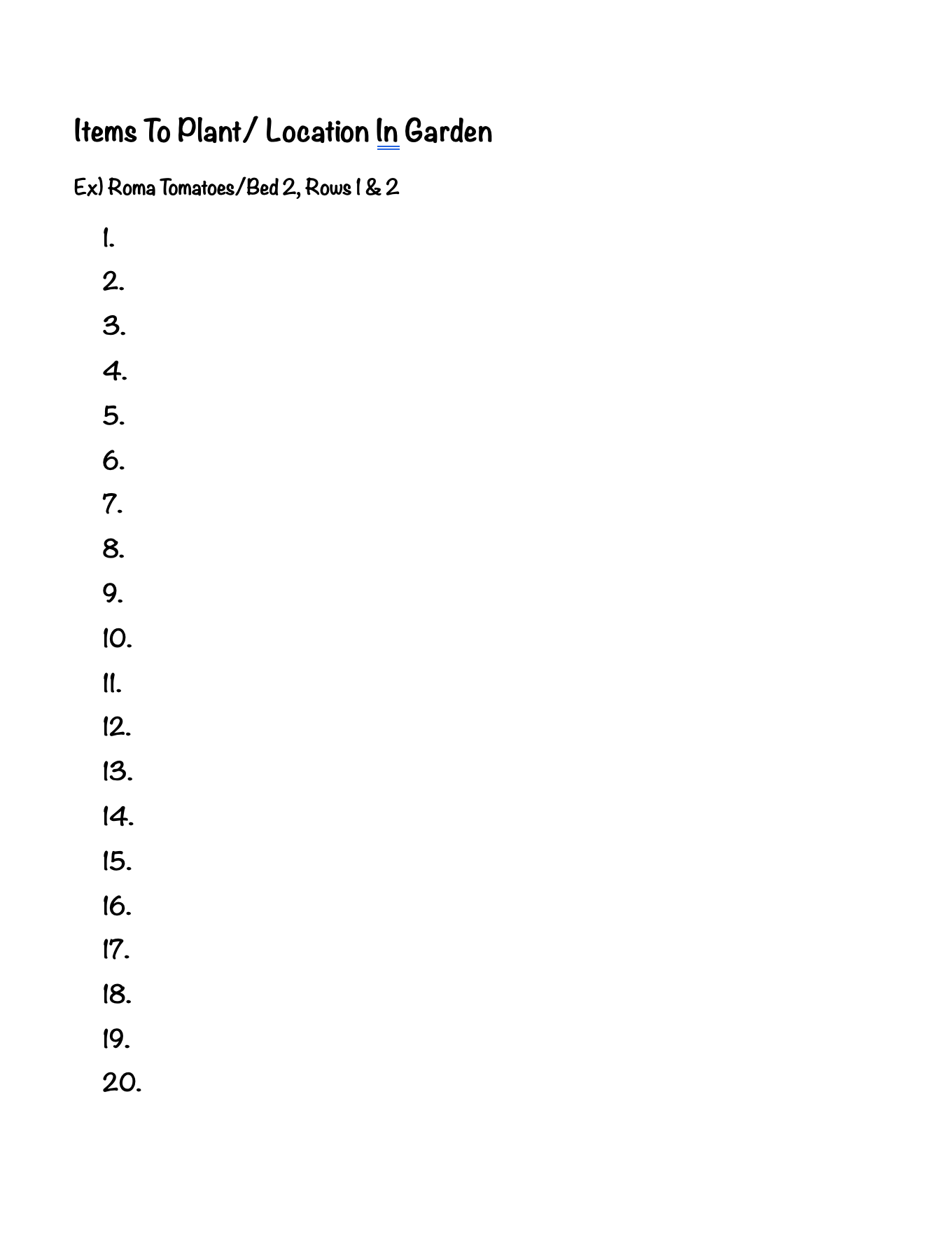 Blank sheet with numbered items to plant or garden locations on a white background