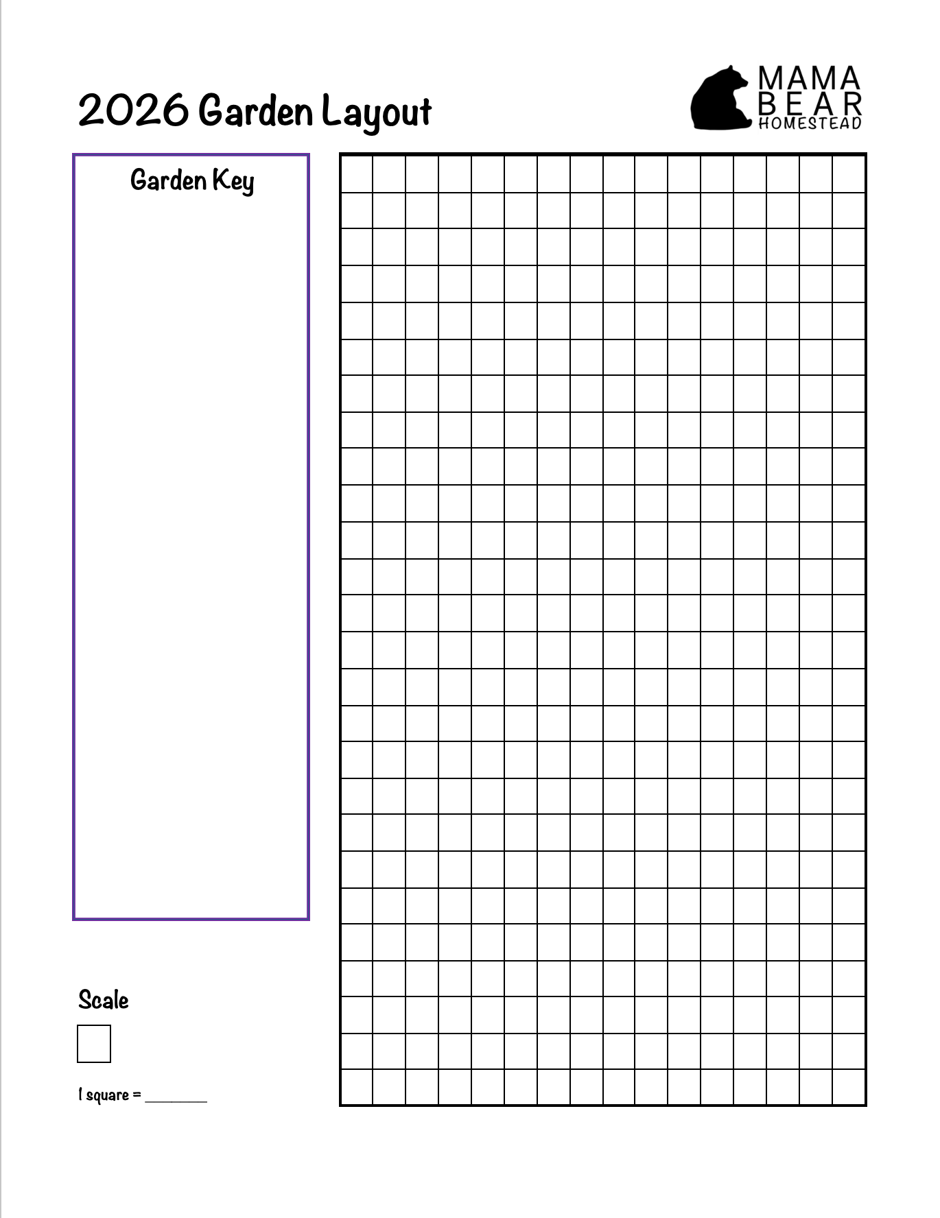 2026 Garden Layout planner with grid and key section, featuring Mama Bear Home Studio logo.