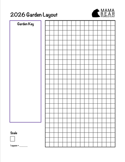 2026 Garden Layout planner with grid and key section, featuring Mama Bear Home Studio logo.